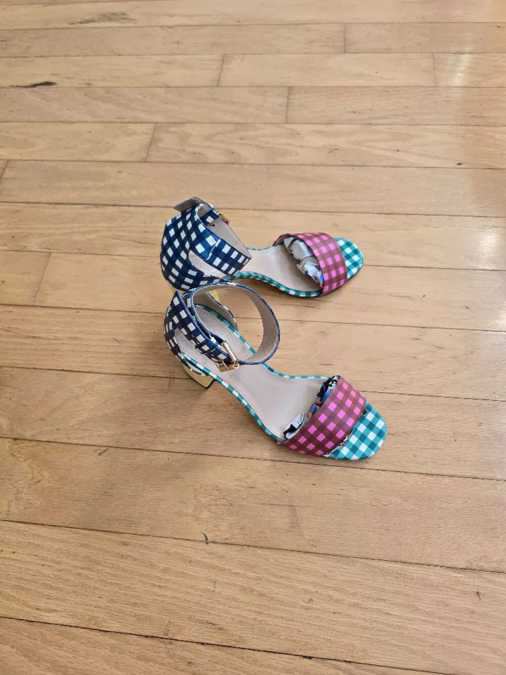 J.Crew |  Multi Color Gingham Dopamine Ankle Strap Block Heel Sandals | WMS 6